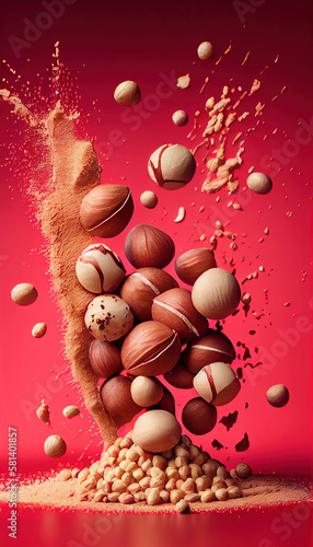 Raw Macadamia Nuts Creatively Falling-Dripping Flying or Splashing on Red Background Generative AI