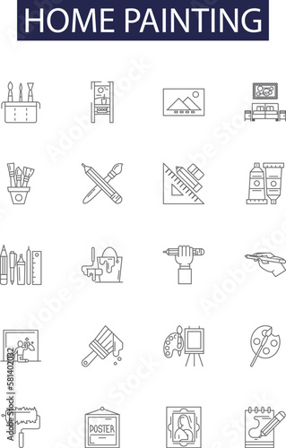 Home painting line vector icons and signs. Home, Interior, Exterior, Wall, Room, Colors, Brushes, Decorating outline vector illustration set