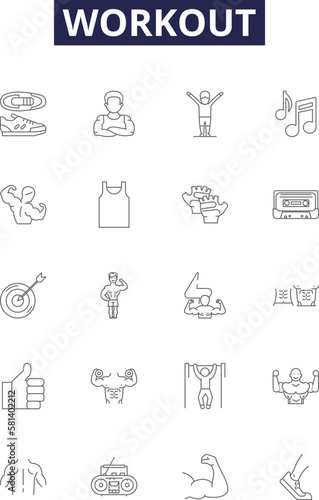 Workout line vector icons and signs. Fitness, Training, Aerobics, Push-ups, Jogging, Running, Cycle, Rowing outline vector illustration set