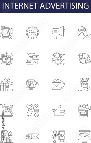 Internet advertising line vector icons and signs. Advertising, Internet, Digital, Marketing, Promoting, Campaigns, Social, Media outline vector illustration set