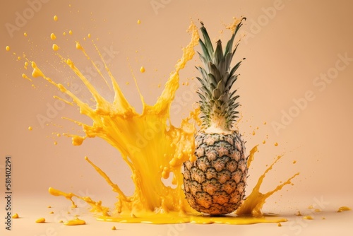 Baby pineapple in flight, ripe and whole, with juice splashing on a pale yellow background. High quality image. Generative AI