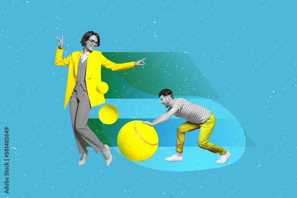 Composite photo collage artwork of young sportsman pushing tennis ball professional competition business woman dance isolated on blue background