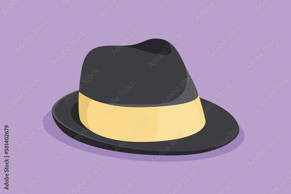 Character flat drawing of beach hat panama icon, label, template, symbol. Fedora hat, with tan leather band, indented crown and brims snapped up. Men head accessory. Cartoon design vector illustration Character flat drawing of beach hat panama icon, label, template, symbol. Fedora hat, with tan leather band, indented crown and brims snapped up. Men head accessory. Cartoon design vector illustration