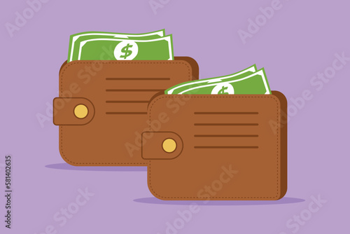 Graphic flat design drawing of stylized brown wallet with green paper money. Wallet with money dollar bank note logo label. Wallet with money. Online payment concept. Cartoon style vector illustration