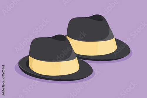 Cartoon flat style drawing beach hat panama icon, label, template, symbol. Fedora hat with tan leather band, indented crown and brims snapped up. Men head accessory. Graphic design vector illustration