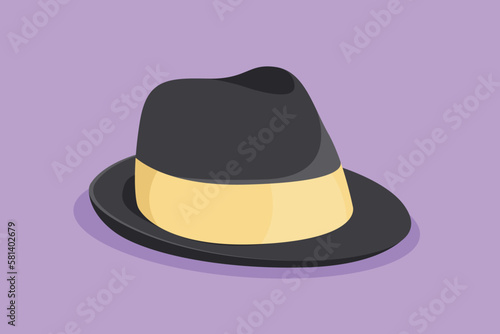 Character flat drawing of beach hat panama icon, label, template, symbol. Fedora hat, with tan leather band, indented crown and brims snapped up. Men head accessory. Cartoon design vector illustration