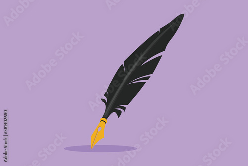 Character flat drawing antique feather quill pen logo, label, flyer, sticker, card, symbol. Old literature and poet writing feather pen supply. Classic stationery. Cartoon design vector illustration