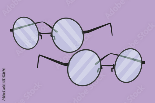 Character flat drawing vintage or retro glasses with circle frame logotype. Round black rimmed glasses. Side of myopia glasses, round frame, with black glasses legs. Cartoon design vector illustration