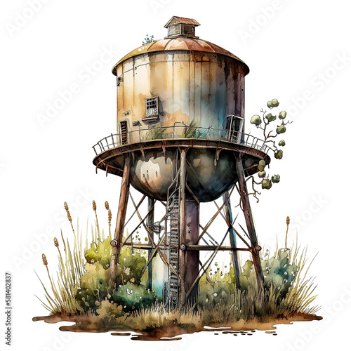 Watercolor Painting of an Old Watertower Floral Growth AI Generated photo