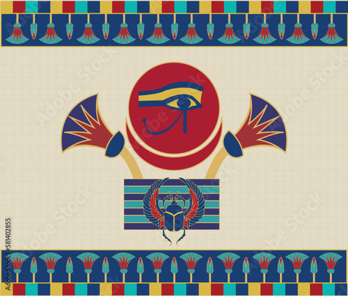 Ancient Egyptian ornament - Eye of Horus  and Sacred Scarab with louts flowers - Illustration Vector Background