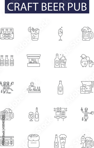 Craft beer pub line vector icons and signs. Craft, Beer, Taproom, Alehouse, Brewery, Drinks, Cider, Social outline vector illustration set