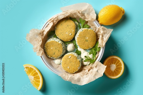 top view of fresh chickpea falafel with tzatziki sauce. Generative AI