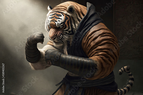 Hyper realistic tiger practicing a martial art, dressed like a human, generative AI