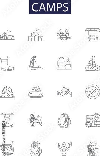 Camps line vector icons and signs. Outdoors, Retreat, Vacation, Recreation, Adventure, Tenting, Cabins, Woods outline vector illustration set photo