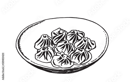 Vector illustration of khinkali on a palte, food illustration on white background. Graphical element for caffe banner design
