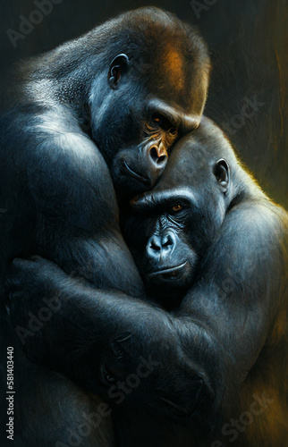 Silverback Gorillas couple in the jungle. LGBT representation. Created with Generative Al technology