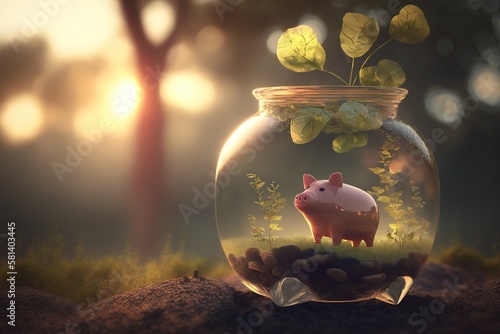 Sprout growing on glass piggy bank with sunset light in saving money concept