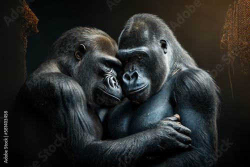 Silverback Gorillas couple in the jungle. LGBT representation. Created with Generative Al technology © Erik González