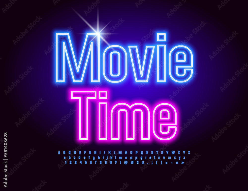 Vector artistic Sign Movie Time. Neon Alphabet Letters and Numbers set. Bright Glowing Font