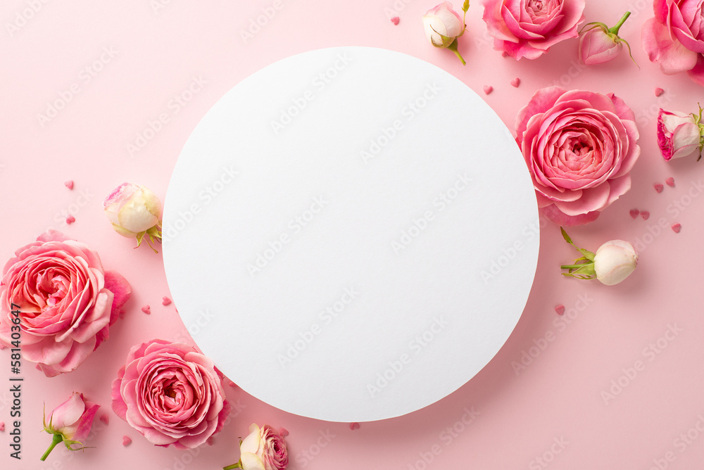 Women's Day concept. Top view photo of white circle pink peony rose and heart shaped sprinkles on isolated pastel pink background with copyspace - obrazy, fototapety, plakaty 