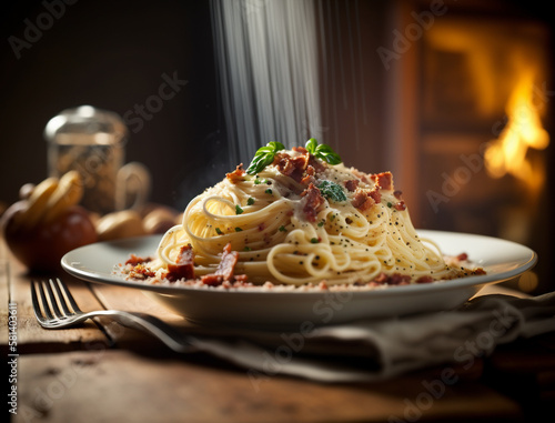 A mouth-watering close-up shot of a fork spearing a single spaghetti noodle, coated in the creamy carbonara sauce.