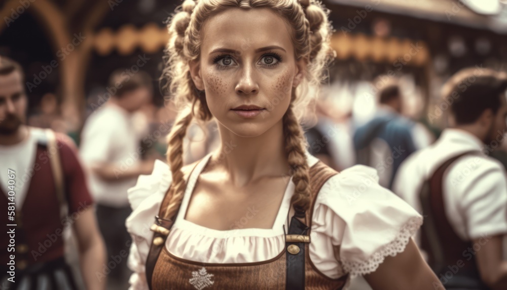 Close-up of a waitress dressed in a traditional Bavarian dirndl at the Oktoberfest beer festival in Munich, Germany, generative ai	