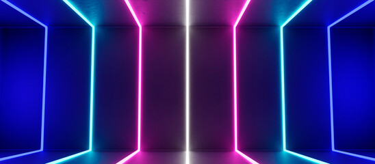 Dark empty room with pink and blue led lights on concrete wall and floor. Futuristic architecture interior space. Modern neon background with grunge texture