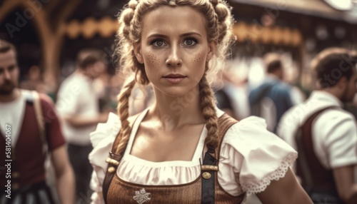Close-up of a waitress dressed in a traditional Bavarian dirndl at the Oktoberfest beer festival in Munich, Germany, generative ai  © Rawf8