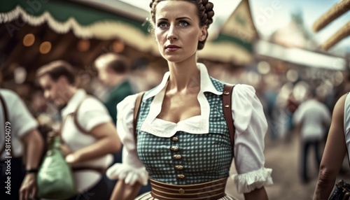 Close-up of a waitress dressed in a traditional Bavarian dirndl at the Oktoberfest beer festival in Munich, Germany, generative ai	