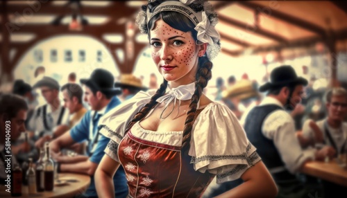 Close-up of a waitress dressed in a traditional Bavarian dirndl at the Oktoberfest beer festival in Munich, Germany, generative ai 