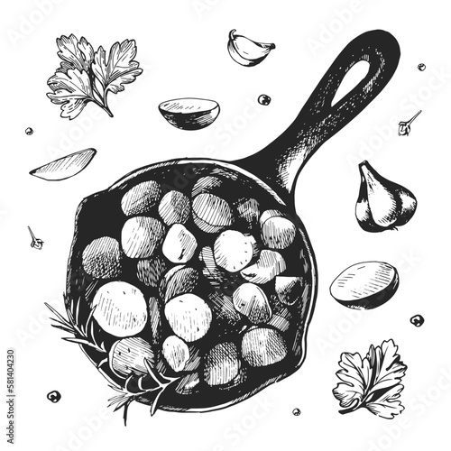 Fried potatoes in a pan with garlic, rosemary, parsley and spices. Sketch style vector illustration. Fast food vector. Vintage line drawing sketch for menu, brochure or leaflet design