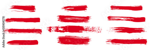 Red brush stroke set. Collection of painted grunge stripes. Ink paint
