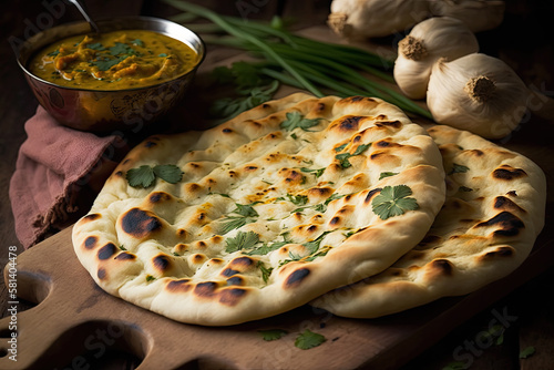Indian Garlic Naan garnished with butter and parsley, Generative AI photo