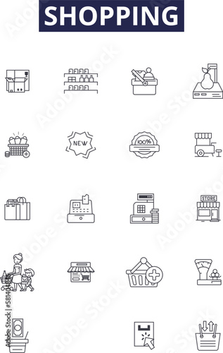 Shopping line vector icons and signs. Purchase, Buy, Bargain, Haggle, Pay, Mall, Marketplace, Retailing outline vector illustration set