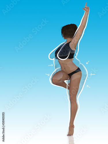Conceptual fat overweight obese female vs slim fit healthy body after weight loss or diet with white outline and pointing arrows on blue. A fitness, nutrition or obesity, health shape 3D illustration