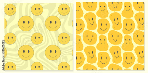 Groovy pattern smile character vector set. Retro melting crazy and dripping smiley face . Distorted graffiti emoji .