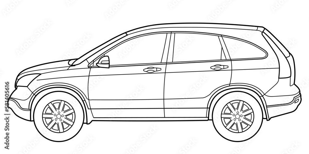 Classic luxury suv car. Crossover car front view shot. Outline doodle vector illustration. Design for print, coloring book.