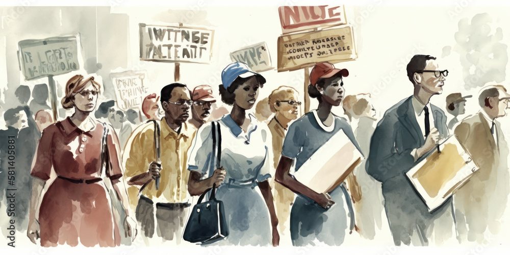 The Civil Rights Movement - A group of people holding signs and marching for equality. Nonviolent social and political movement and campaign against racial segregation. generative ai - obrazy, fototapety, plakaty 