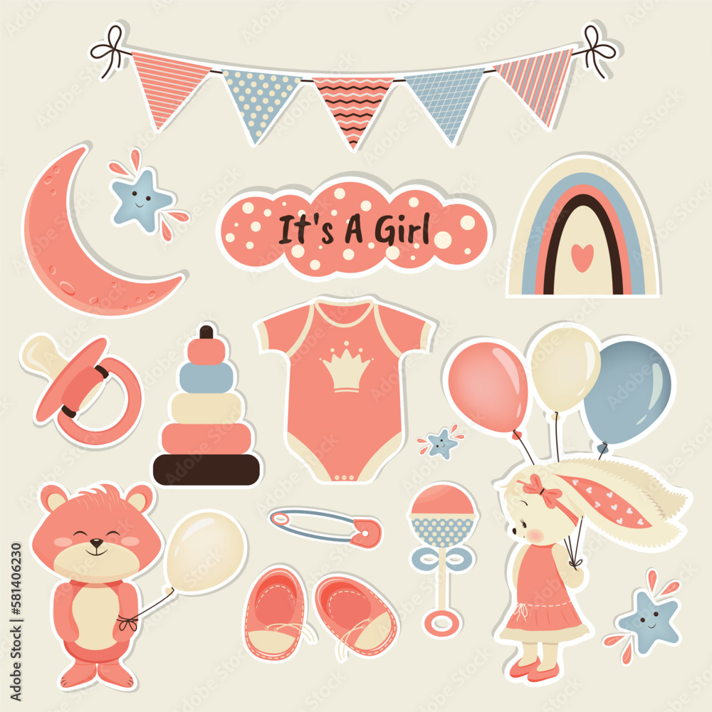 A set of stickers for a newborn. It's a girl, a baby shower. A set of stickers for a newborn. It's a girl, a baby shower.