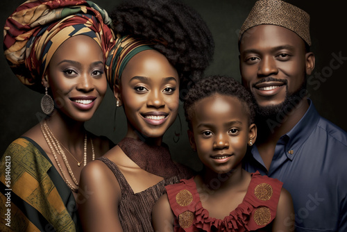 A young happy African American family portrait on dark background. Generative AI.