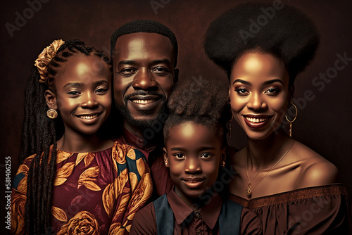 Illustration of a young happy African American family portrait. Generative AI.