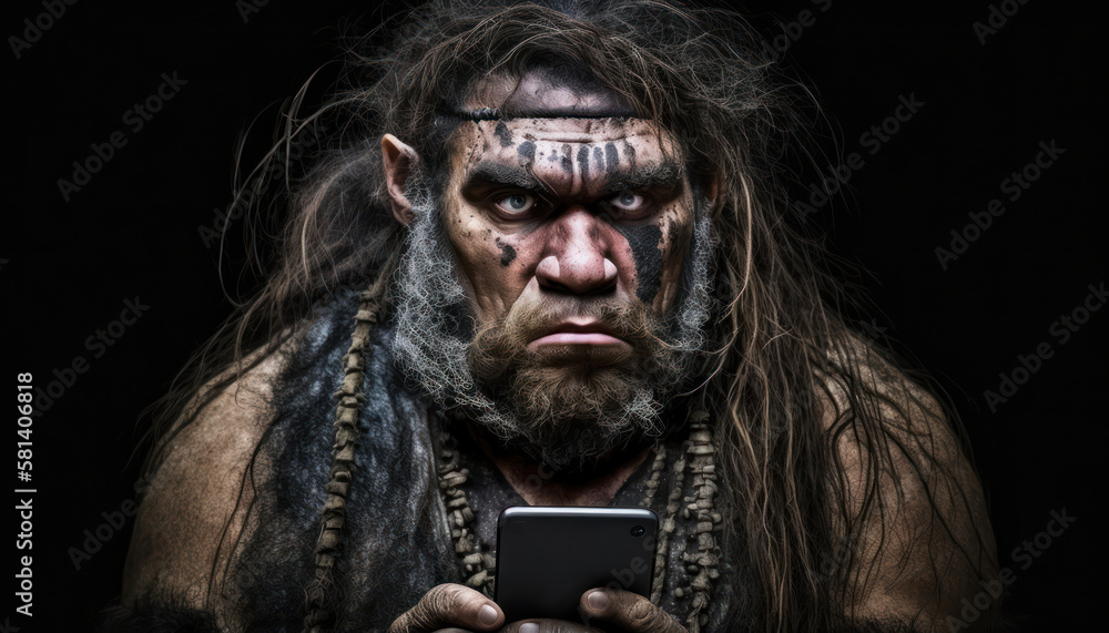 Obraz premium An imaginative depiction of a Neanderthal donning animal furs, and in contrast, using a smartphone, underscores the remarkable technological strides made since ancient times. generative ai