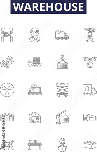 Warehouse line vector icons and signs. Logistics, Stock, Inventory, Distribution, Orders, Facility, Bulk, Shipping outline vector illustration set