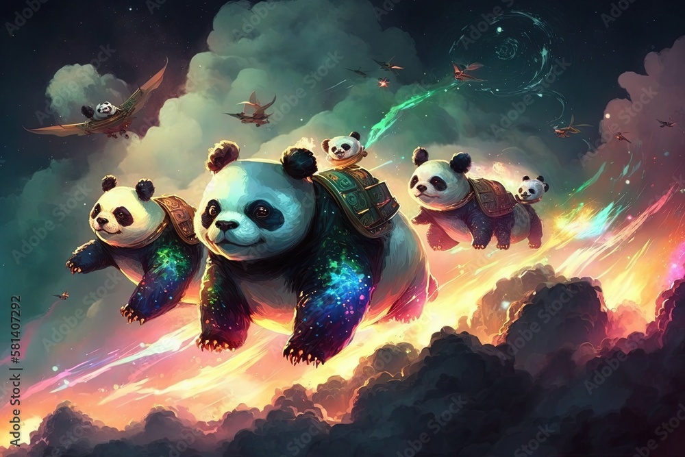 group of pandas riding on the backs of flying turtles, soaring through