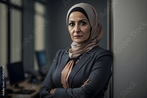 AI Generative, Middle eged successful Muslim Woman at office space  photo