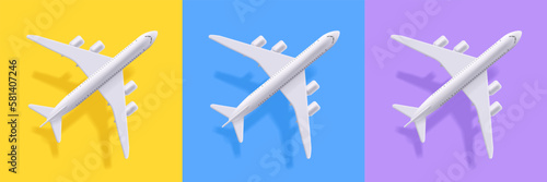 White commercial passenger airplane jet top view realistic vector isolated on different background set. Civil aviationicon detailed icon for tourism and travel concept design