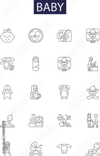 Baby line vector icons and signs. toddler, newborn, baptism, crib, pacifier, diaper, crad, outline vector illustration set