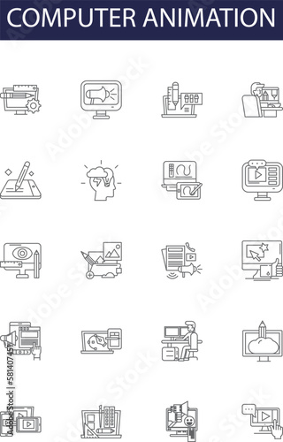 Computer animation line vector icons and signs. Animation, 3D, CGI, Animation Studio, Visual Effects, Motion Graphics, Render, Graphics outline vector illustration set