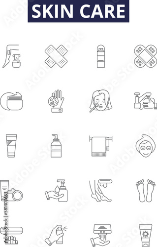 Skin care line vector icons and signs. Cleansing, Sunscreen, Exfoliating, Brightening, Acne, Scrubbing, Toning, Nourishing outline vector illustration set