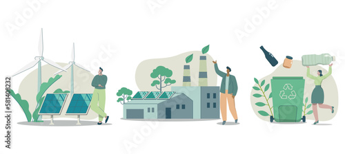 Set of Eco friendly sustainable, Wind Turbine Generates Electricity from Nature, Environmental protection factory, Waste recycling project,
 Clean green energy sources concept, Vector illustration.